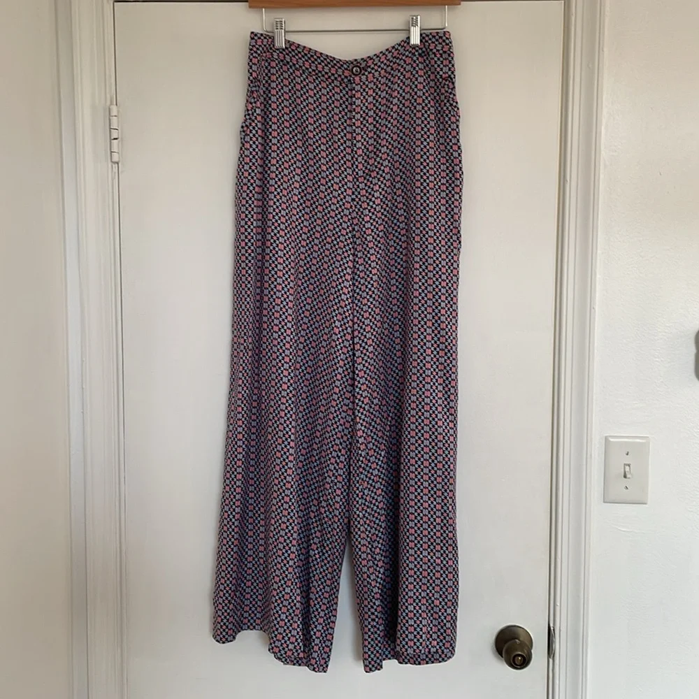 Anthropologie Maeve Wide Leg Pants in light blue/pink pattern - Picture 7 of 9